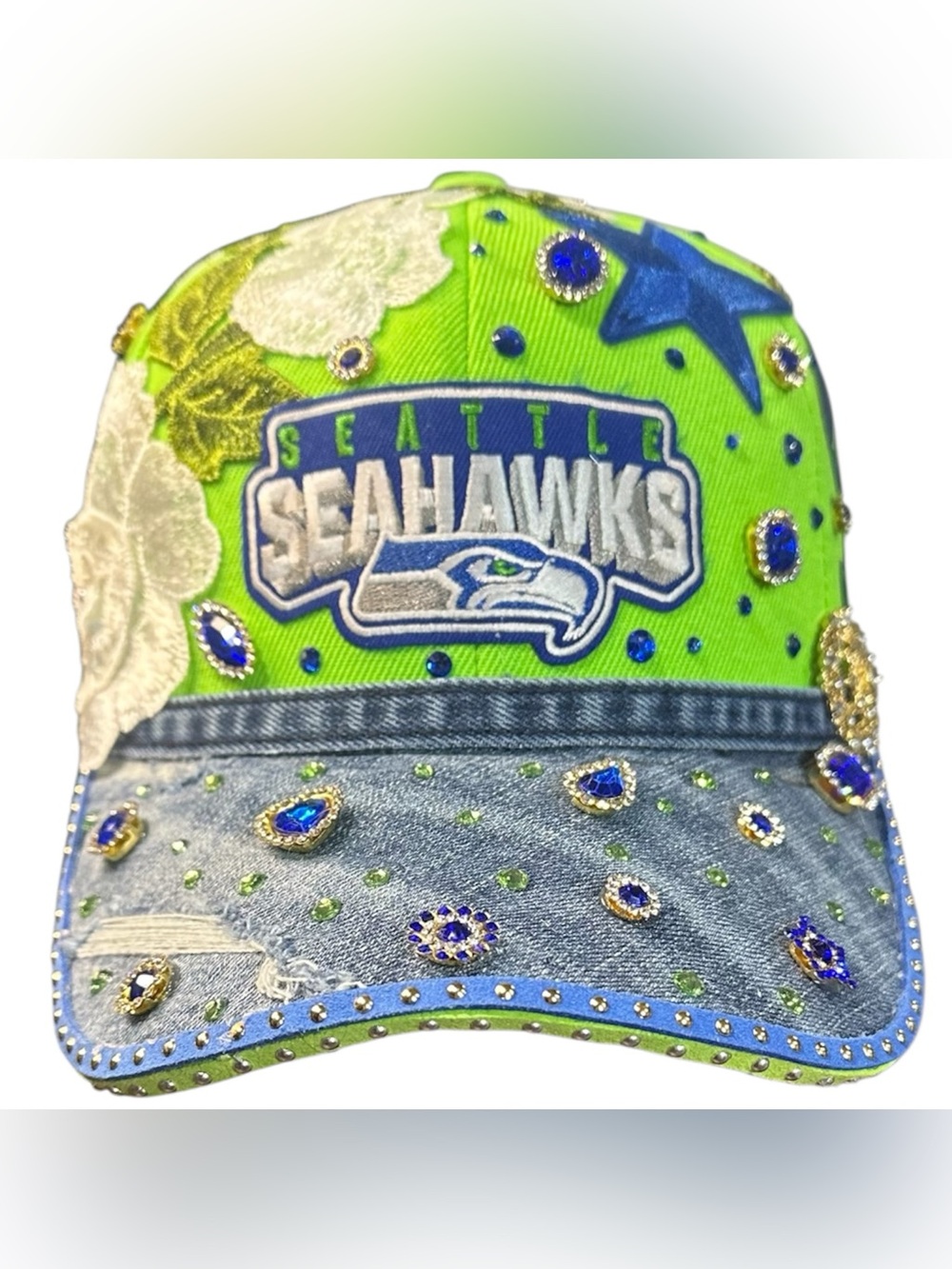 Custom Seahawks Rhinestone Cap - Neon Green & Blue